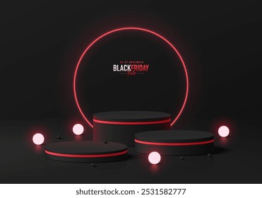 Fondo de podio negro redondo 3D con anillo de neón rojo. Venta del Black Friday. Composición Abstractas en diseño minimalista. El showroom del estudio sostiene el pedestal del producto, escena de la maqueta del escaparate de la moda.