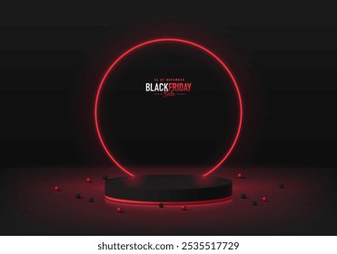 3D round black podium background with red neon ring. Black Friday sale. Abstract composition in minimalist design. Studio display showroom stands product pedestal, Fashion stage showcase mockup scene.