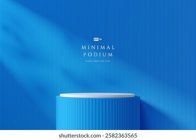 3D round blue podium background with window light and shadow. Abstract composition minimalist design. Studio display showroom cosmetic stand product pedestal, Fashion stage showcase mockup wall scene.