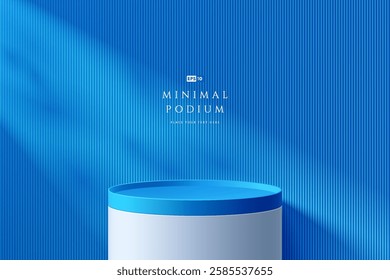 3D round blue podium background with window light and shadow. Abstract composition minimalist design. Studio display showroom cosmetic stand product pedestal, Fashion stage showcase mockup wall scene.