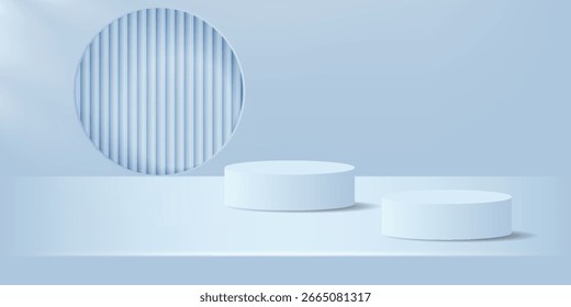 Fondo de podio azul redondo 3D con luz de ventana y sombra. Composición Abstractas de diseño minimalista. Pedestal cosmético del producto del soporte de la exhibición del estudio, escena de la pared de la maqueta del escaparate de la etapa de la moda.