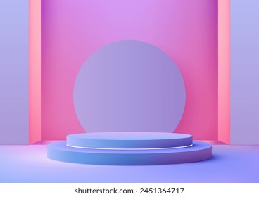 3D round blue podium with a circle backdrop in a colorful room, Modern style, Product display, Mockup, Showcase presentation. Vector illustration