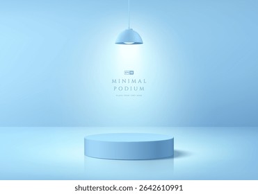 3D round blue podium with glowing ceiling neon lighting background. Abstract composition minimalist design. Studio display showroom stands product pedestal, Fashion stage showcases mockup wall scene.