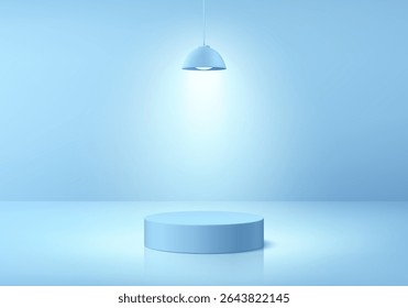 3D round blue podium with glowing ceiling neon lighting background. Abstract composition minimalist design. Studio display showroom stands product pedestal, Fashion stage showcases mockup wall scene.