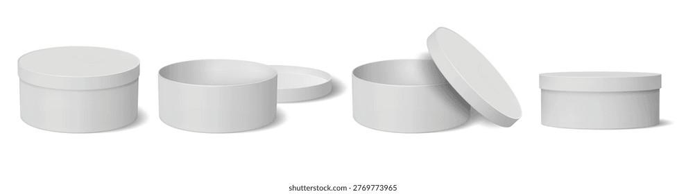 3D round boxes vector set with open and closed cylindrical packaging containers, blank white jar mockups with removable lids, realistic cosmetic box templates in perspective view.