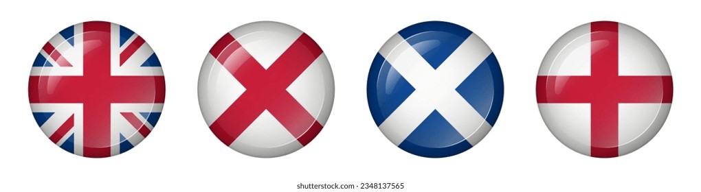 3D round buttons with flags of United Kingdom, England, Ireland and Scotland.