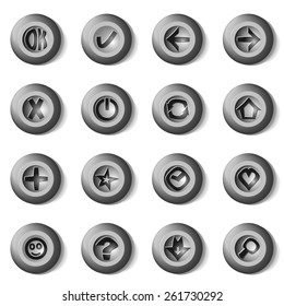 3d round buttons with icons in grayscale for various applications