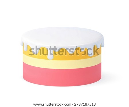 3D round cake in pink, cream, and yellow layers, topped with glossy white dripping icing for festive designs. 3d rendering. Vector illustration