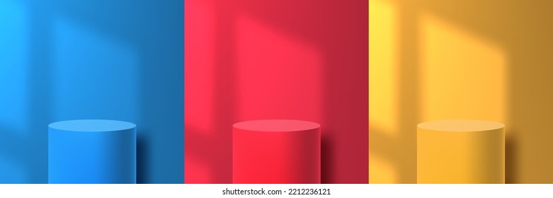 3D Round Cilinder Blue, Red And Yellow Podium With Window Light. EPS10 Vector