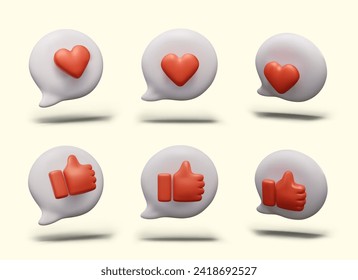 Signo de comentarios redondos 3D con corazón rojo y mano mostrando el pulgar hacia arriba