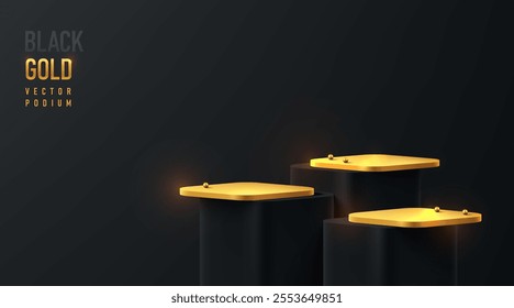 3D round corner cube podium set in black and golden color. Black Friday sale scene. Minimalist mockup pedestal. Abstract stand product display presentation, Stage for showcase. Vector platforms design