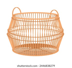3D round empty wicker basket with handles for laundry or storage of things vector illustration svg
