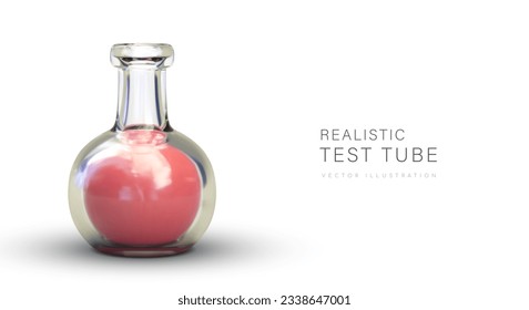 3D round flask with red substance. Laboratory utensils for carrying out experiments with liquid. World Science Day. Vector concept on white background