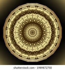 3d round floral mandala pattern. Vector ornamental background. Repeat Deco backdrop. Beautiful gold 3d ornaments. Rosette. Plate. Greek ethnic style ornate design with circle frame. Surface texture.