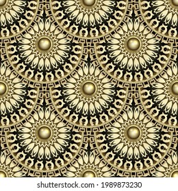 3d round floral mandalas seamless pattern. Vector ornamental jewelry background. Repeat Deco backdrop. Beautiful tiled golden ornaments. 3d buttons. Greek ethnic style ornate design. Endless texture.