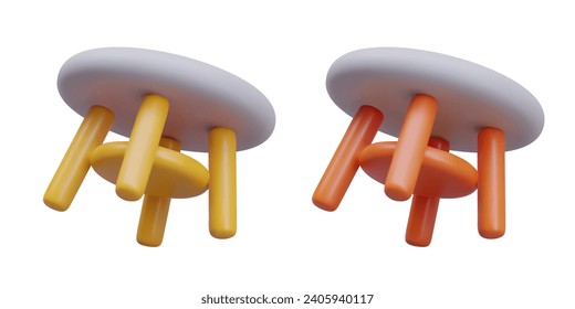 3D round footrest. Low domestic stool with leg lock. View from below. Set of models of different colors. Realistic image on white background. Children furniture