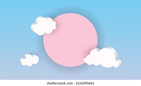 3D round frame and clouds. White geometric shapes in blue sky, web internet symbol, meteorology climate, decorative backdrop, horizontal poster or banner with copy space, vector isolated background