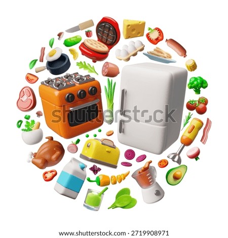 A 3D round frame with kitchen appliances and fresh produce, vegetables, fruits, and meat. Refrigerator, stove, toaster, and mixer. Healthy eating, cooking, and meal prep theme. Cartoon vector.