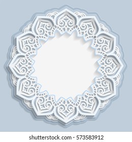 3D round frame for a photo or picture, vignette with ornaments, lace border,  bas-relief ornament,  openwork  pattern, template greetings, vector