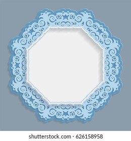 3D round frame for a photo or picture, vignette with ornaments, lace border,  bas-relief ornament,  openwork  pattern, template greetings, vector