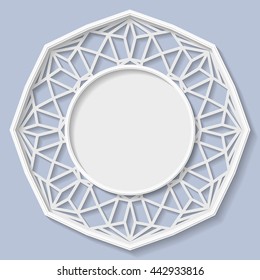 3D round frame, vignette for a photo, lace frame,  bas-relief ornament,  festive pattern, white pattern, template greetings, space to insert a photo or image, openwork pattern,  vector