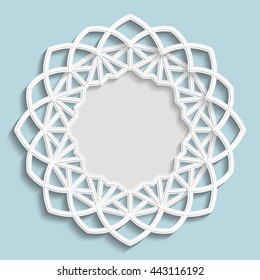 3D round frame, vignette for a photo, lace frame,  bas-relief ornament,  festive pattern, white pattern, template greetings,  flower imitation,  space to insert a photo or image, vector