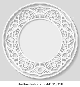 3D round frame, vignette for a photo, lace frame,  bas-relief ornament,  festive pattern, white pattern, template greetings, space to insert a photo or image, openwork pattern,  vector
