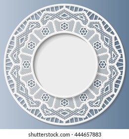3D round frame, vignette for a photo, lace frame,  bas-relief ornament,  festive pattern, white pattern, template greetings, space to insert a photo or image, openwork pattern,  vector