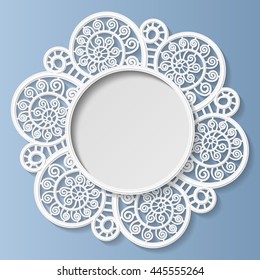 3D round frame, vignette for a photo, lace frame,  bas-relief ornament,  festive pattern, white pattern, template greetings,  space to insert a photo or image, openwork pattern,  vector
