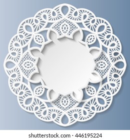 3D round frame, vignette for a photo, lace frame,  bas-relief ornament,  festive pattern, white pattern, template greetings, space to insert a photo or image, openwork pattern,  vector