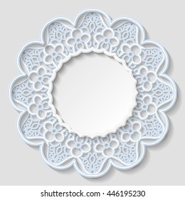 3D round frame, vignette for a photo, lace frame,  bas-relief ornament,  festive pattern,  template greetings,  flower imitation, space to insert a photo or image, openwork pattern, vector