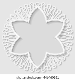 3D round frame, vignette for a photo, lace frame,  bas-relief ornament,  festive pattern, white pattern, template greetings, space to insert a photo or image,  openwork pattern, vector