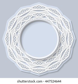 3D round frame, vignette for a photo, lace frame,  bas-relief ornament,  festive pattern, white pattern, template greetings, space to insert a photo or image, openwork pattern,   vector