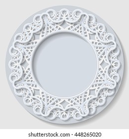 3D round frame, vignette for a photo, lace frame,  bas-relief ornament,  festive pattern, white pattern, template greetings, space to insert a photo or image, openwork pattern,  vector
