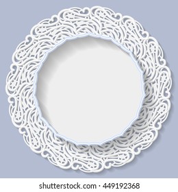 3D round frame, vignette for a photo, lace frame,  bas-relief ornament,  festive pattern, white pattern, template greetings, space to insert a photo or image, openwork pattern,  vector