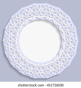 3D round frame, vignette for a photo, lace frame,  bas-relief ornament,  festive pattern, white pattern, template greetings, space to insert a photo or image, openwork pattern,  vector