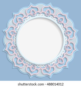 3D round frame, vignette for a photo, lace frame,  bas-relief ornament,  festive pattern, openwork  pattern, template greetings, vector
