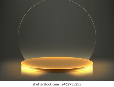 3D round gold color podium with a transparent glass circle backdrop on dark background, luxury concept, product display, mockup, showroom, showcase. Vector illustration