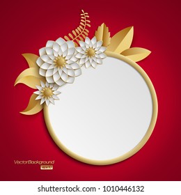 3D round golden frame decorated with white flowers on red background; inviration card