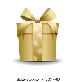 3D round Golden Gift Box with Gold Ribbon and Bow Isolated on Background. Icon. With snowflakes pattern. Can be used for New Year Holiday, winter gifts.