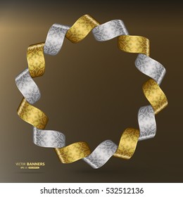 3d round golden and silver ribbon banner frame with arabesque floral elements on abstract background 