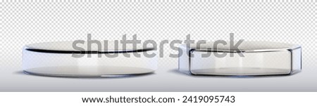 3D round and hexagon glass platforms set isolated on transparent background. Vector realistic illustration of plastic podium for exhibition, product presentation stand, stage mockup, glossy box