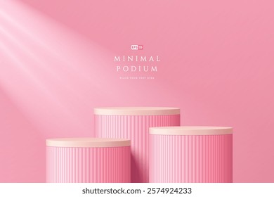 3D round light pink podium background in valentine day concept. Abstract geometric composition minimalist design. Studio display showroom stands product pedestal, Fashion stage showcase mockup scene.