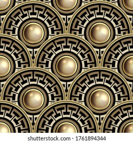 3D runde Mandalas Deco nahtloses Muster. Ornate Schmuck, grauer Hintergrund. Zierwiedergabe, Vektorhintergrund. Luxuriöse Oberflächenverzierung. Abstraktes modernes Design. Goldene Edelsteine. Griechische Schlüsselmigranten.