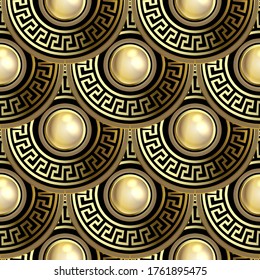 3d round mandalas Deco seamless pattern. Ornate jewelry greek background. Ornamental repeat vector backdrop. Luxury surface ornament. Abstract modern design. Golden gemstones. Greek key meanders.