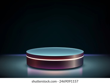 3D Round Metal Podium with Neon Light in Dark Room, Futuristic Technology Concept for Product Display and Mockup Showroom