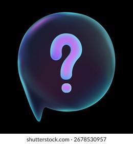 Burbuja redonda del chat del neón 3D con el signo de interrogación aislado en el fondo oscuro para la conversación digital y el diseño del mensajero