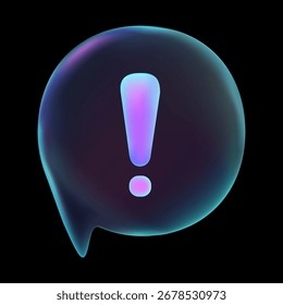 Burbuja de neón redonda del chat 3D con el signo de exclamación aislado en el fondo oscuro para la alerta, la emoción y el diseño de los medios sociales