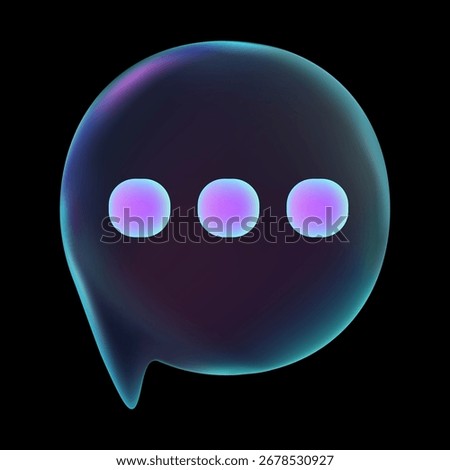3D round neon chat bubble with typing dots isolated on dark background for messenger and social network interface