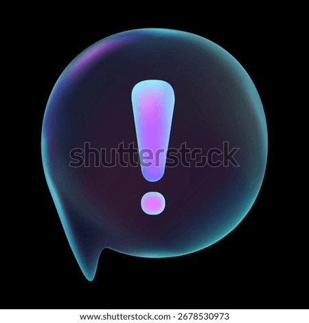 3D round neon chat bubble with exclamation mark isolated on dark background for alert, emotion and social media design